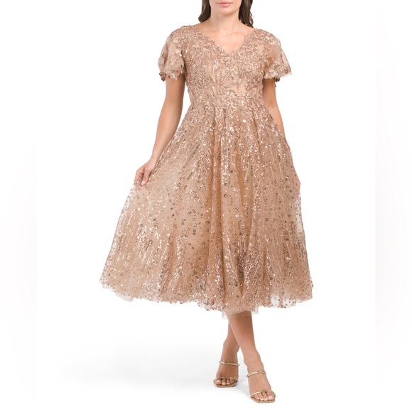 MAC DUGGAL V NECK SEQUIN EMBROIDERED FIT AND FLARE TAUPE MIDI DRESS - Picture 3 of 5